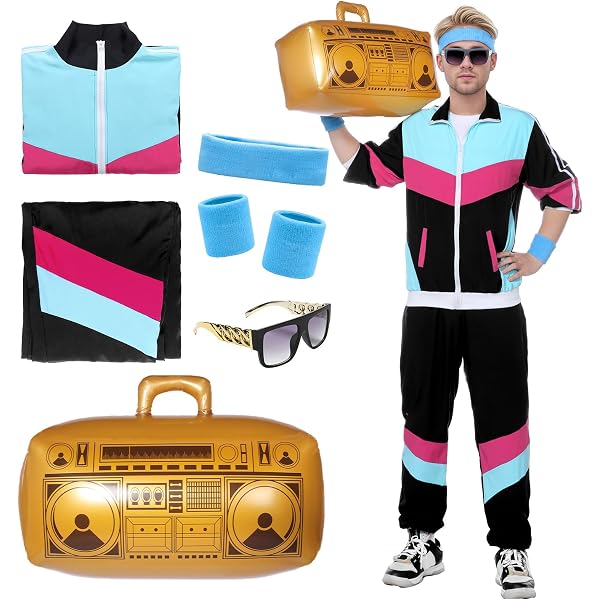 Costume Survêtement Années 80 Noir – Rayures Rose & Vert Menthe – Widmann – Idéal Soirée Bad Taste, Déguisement Groupe
