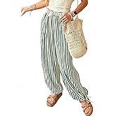 Acelitt Women Drawstring Elastic Waist Striped Pants with Pockets, S-XXL