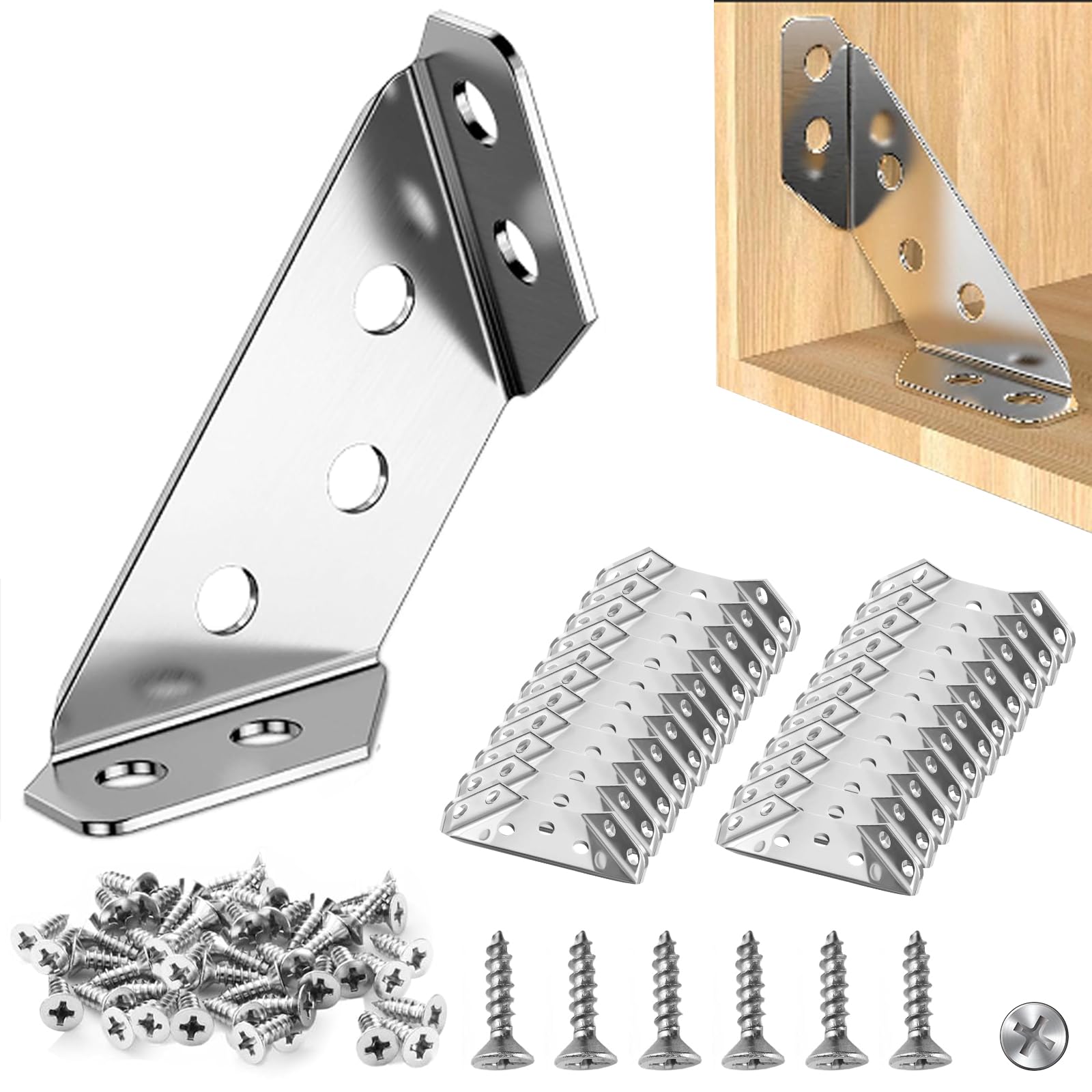 20 Pcs Stainless Steel Corner Connector,Corner Brackets for Wood,Triangle Angle Brackets, Furniture Corner Bracket with Screws,Triangle Support Fixed Corner Brace for Shelf Cabinet Table Desk