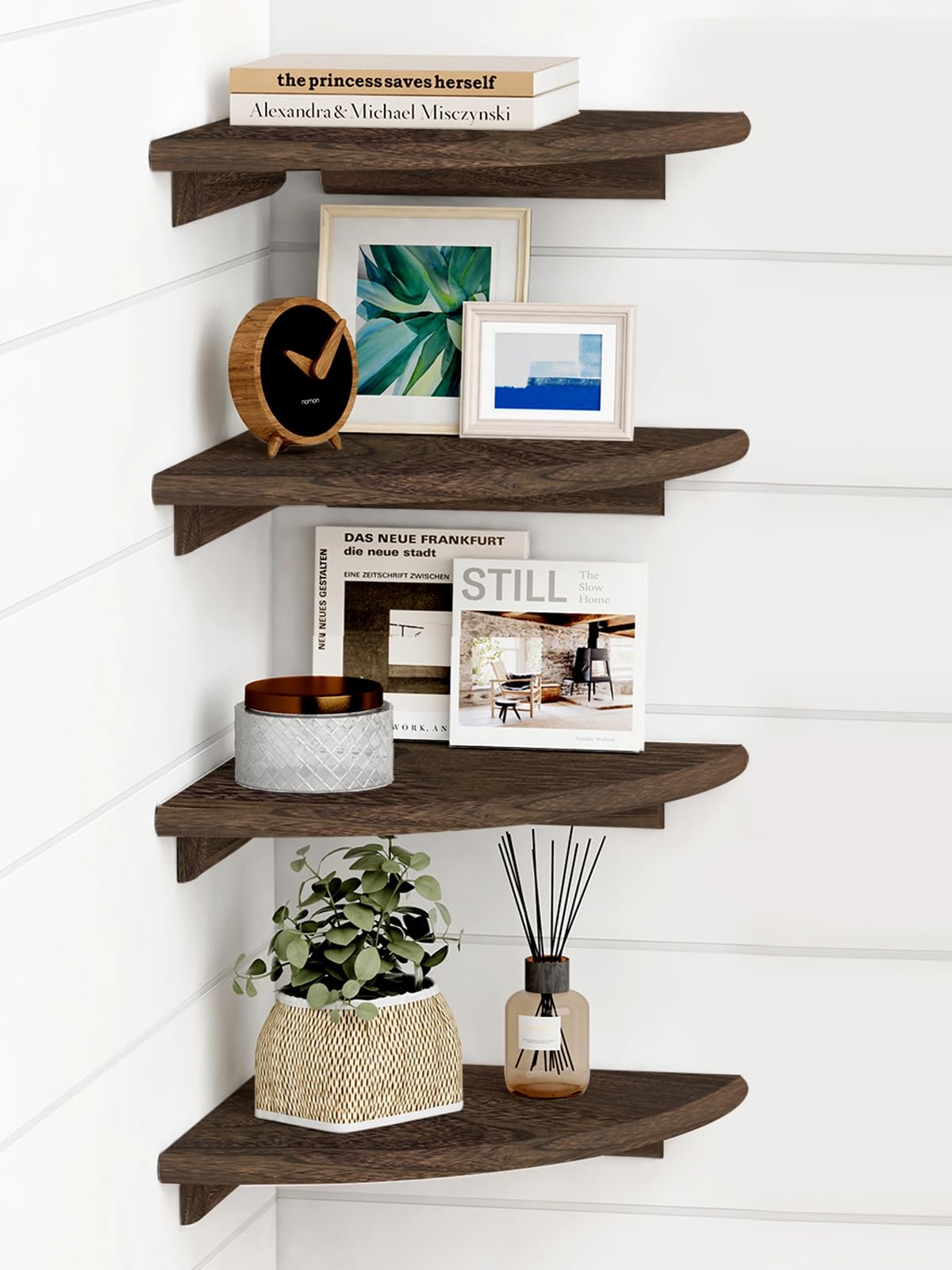 Forbena Floating Corner Shelves for Wall Set of 4, Small Corner Bookshelf for Bedroom Books, Round Wooden Corner Shelf Wall Mount for Bathroom Plants, Kitchen, Living Room Decor (Dark Brown)