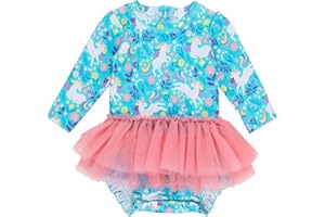 RuffleButts Baby Girls UPF 50+ Sun Protection Tulle Skirted Long Sleeve One Piece Rash Guard Swimsuit