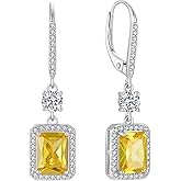FJ Princess Cut Dangle Drop Earrings 925 Sterling Silver Square Halo Leverback Earrings Birthstone Jewelry for Women