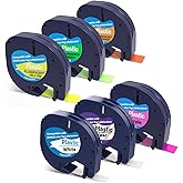 6 X Fluorescent Label Tape Replacement for Dymo Letratag Refills 12mm x 4m Color Combo LT Label Maker Tape Compatible with Letra Tag LT-100T LT-100H QX50