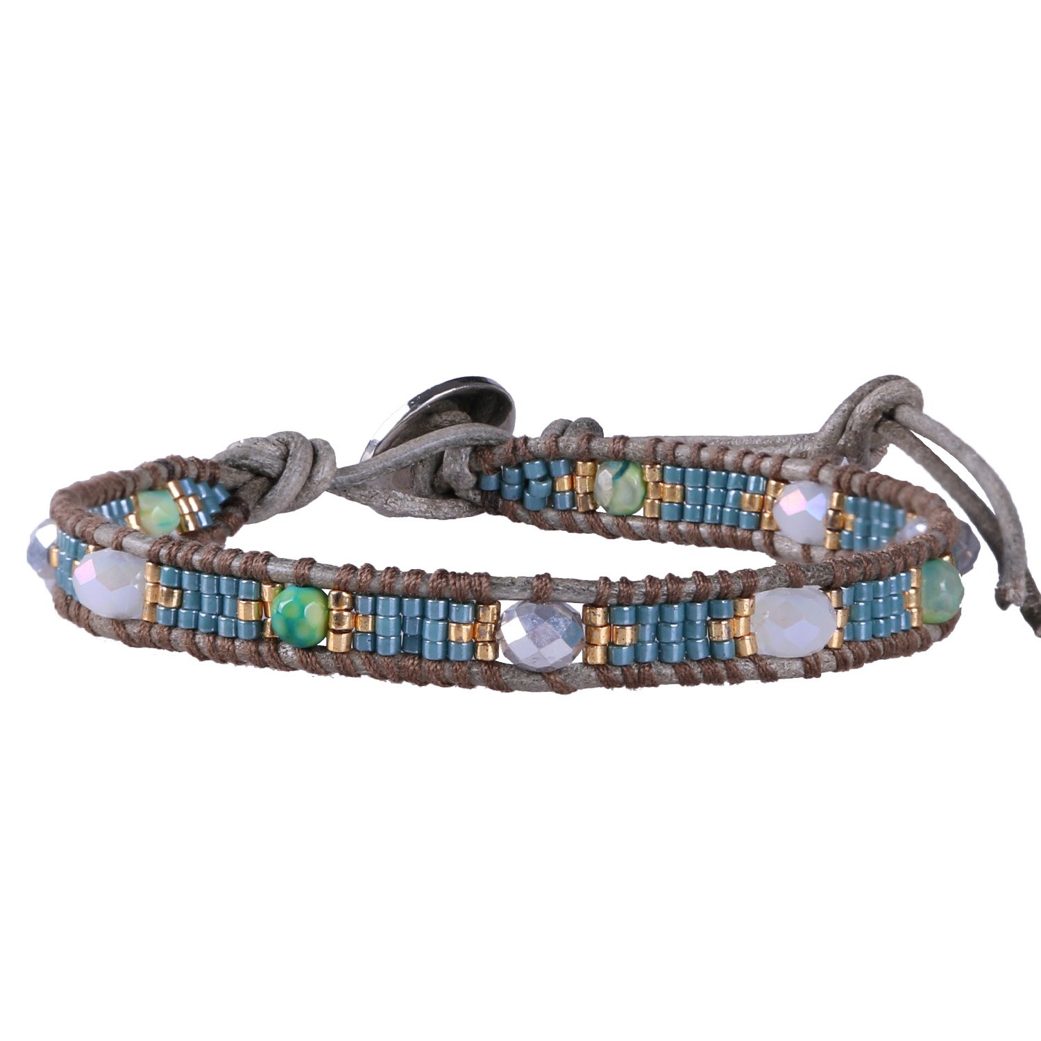 KELITCH Green Fire Agate Crystal Bead, Green Seed Beaded Hand-Woven Bracelet on Grey Leather