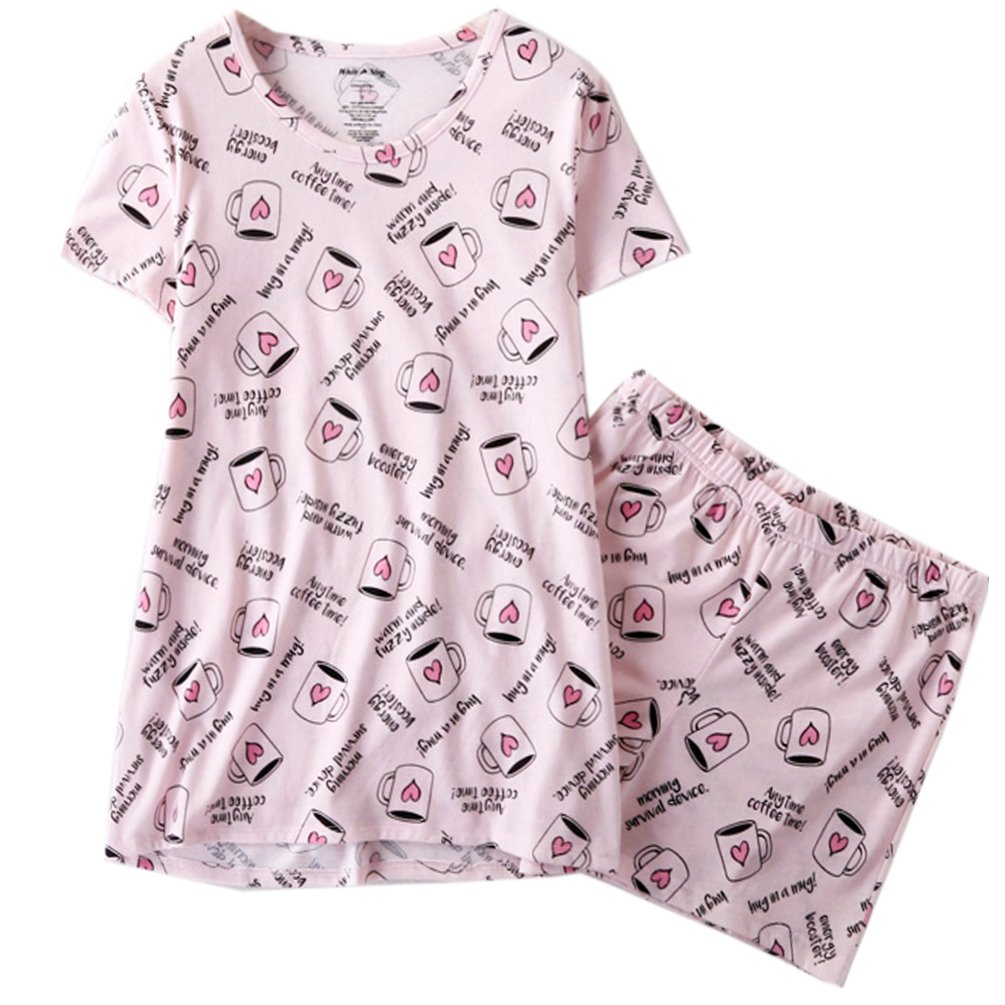 ENJOYNIGHT Women\'s Cute Sleepwear Print Tee and Shorts Pajama Set (Large, Cup)