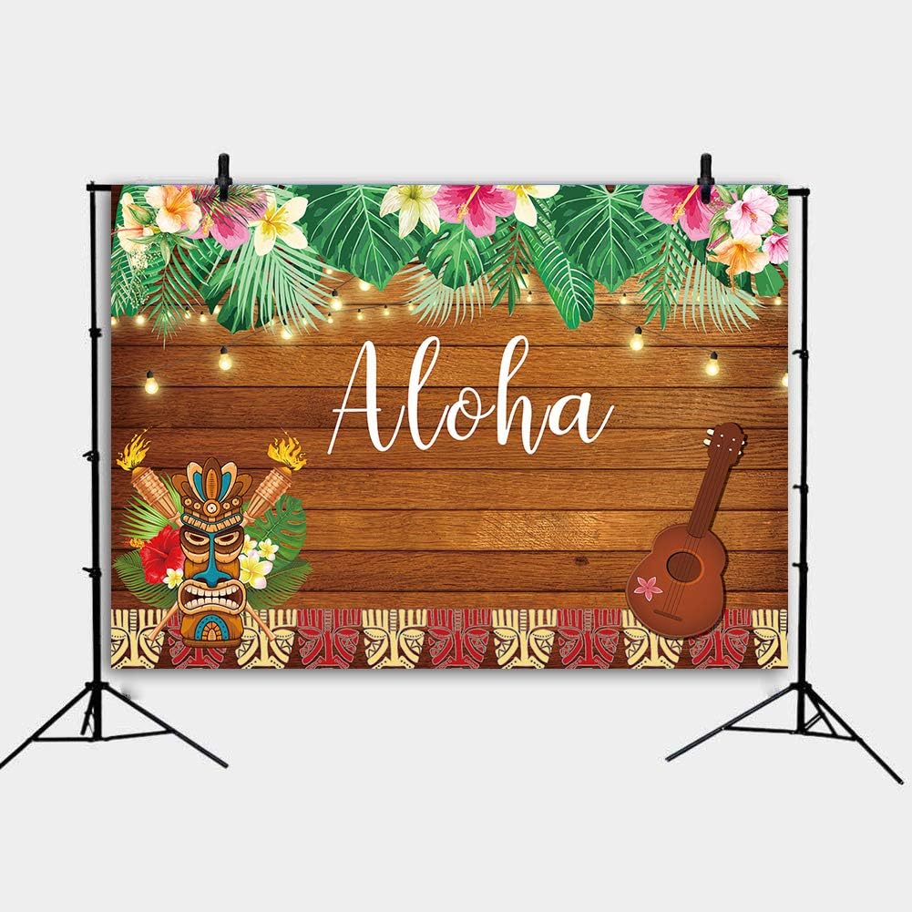 Daniu 7x5FT Aloha Luau Party Backdrop Tropical Hawaiian Flowers Wooden ...