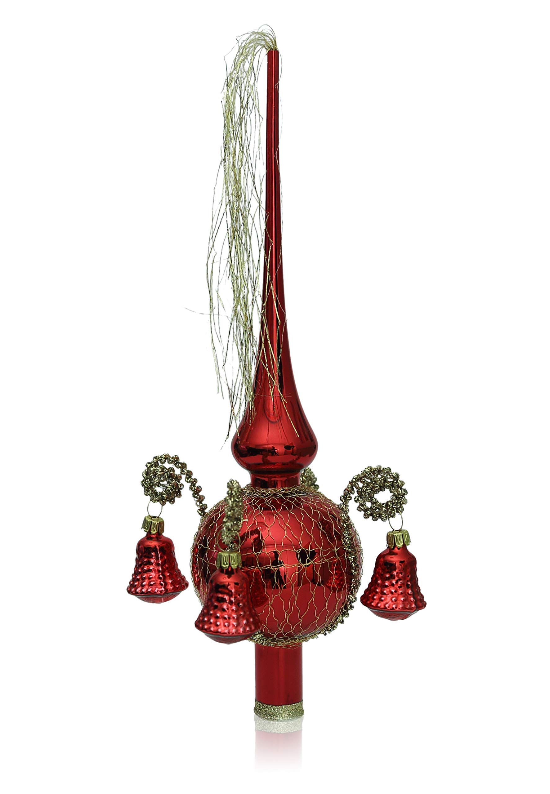 Christmas Tree Topper with Shaped Bead Bell Red Gloss Coating L Approx. 28 cm Diameter 7 cm Christmas Tree Ornaments Mouth-Blown and Hand-Decorated Leonischer Wire