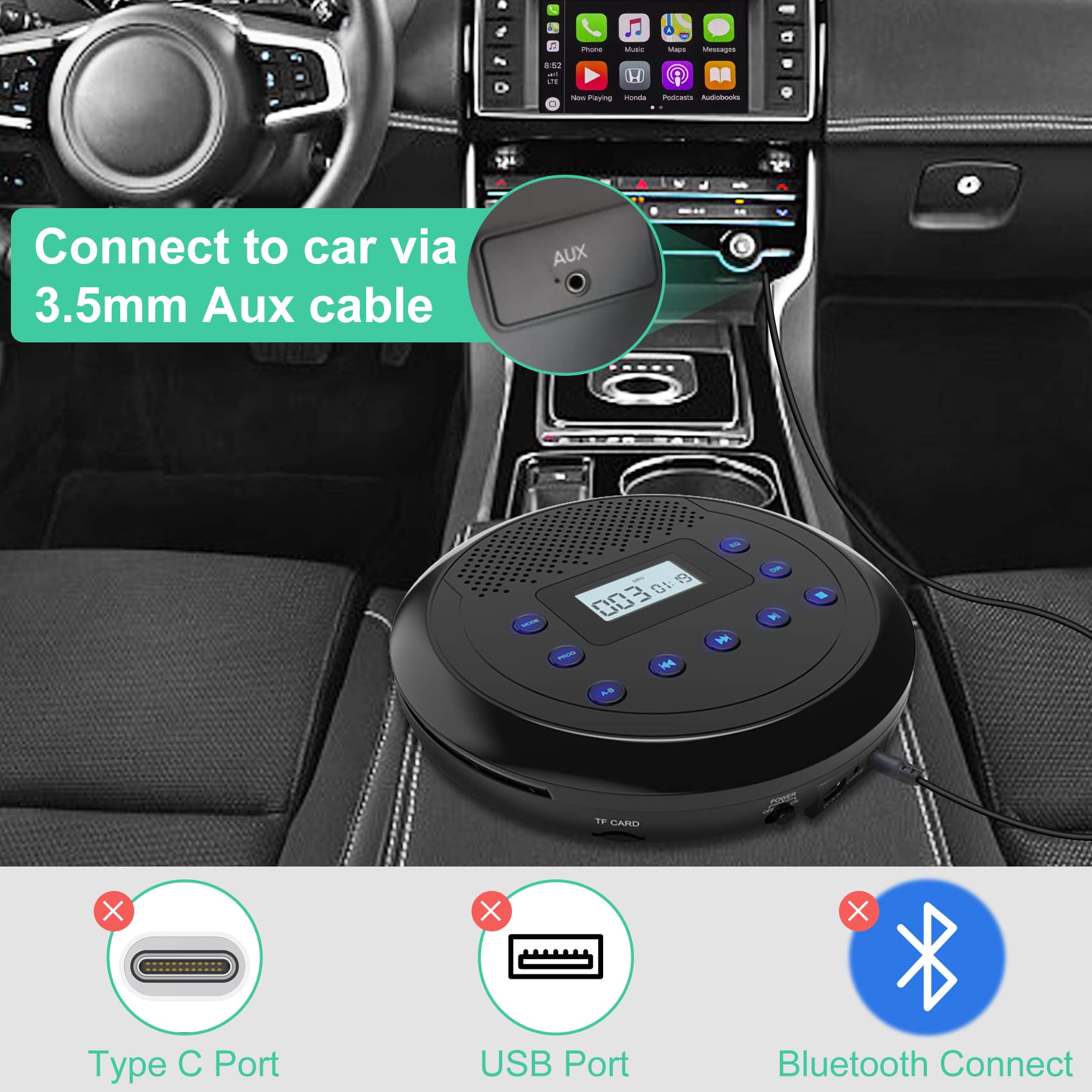 MONODEAL Rechargeable Portable CD Player with Built-in Speakers, CD Player for Car and Personal Use, Anti-Skip Player with Headphones