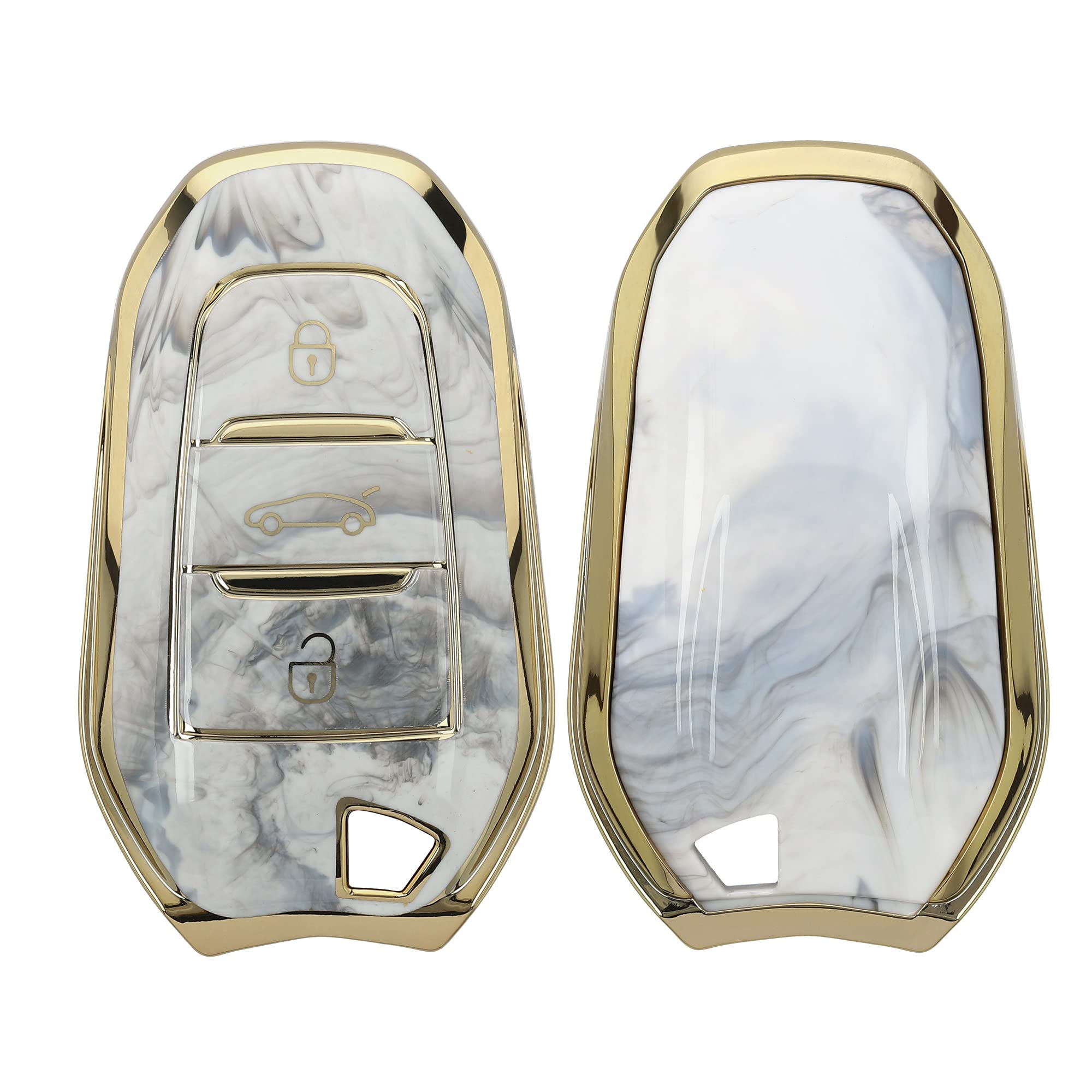 kwmobile Car Key Cover - Compatible with Peugeot Citroen 3 Button Smart Key (Keyless Go) - Design Cover - Marble Gold/White/Grey