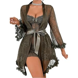 SOLY HUX Women's Lace Lingerie Set Mesh Sheer Ruffle Nightgown Chemise with Belted Robe Kimono Sleepwear