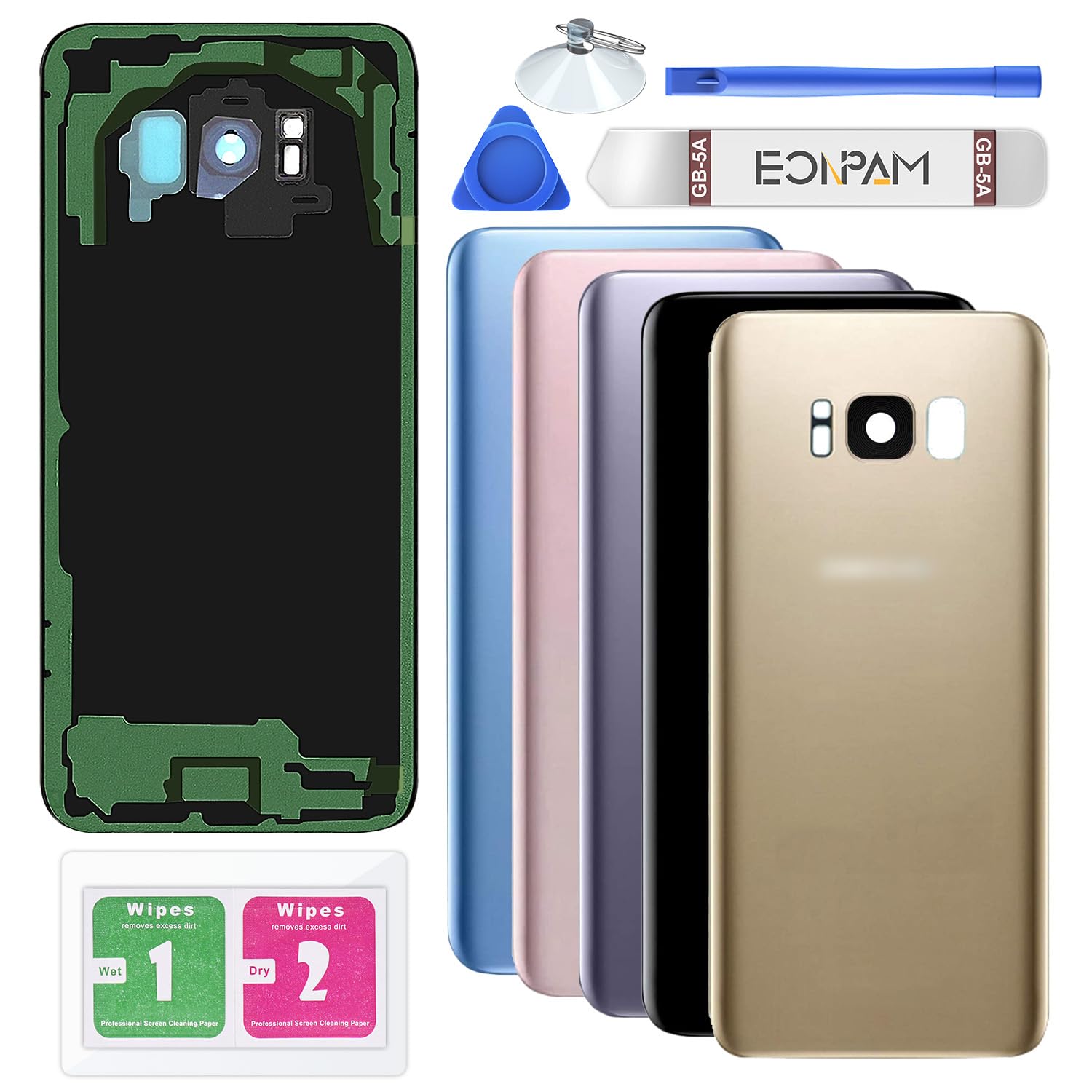 Eonpam Back Cover Glass for Samsung Galaxy S8 G950 Rear Glass Replacement with Camera Lens + Repair Kit Genuine Rear Housing (Golden)