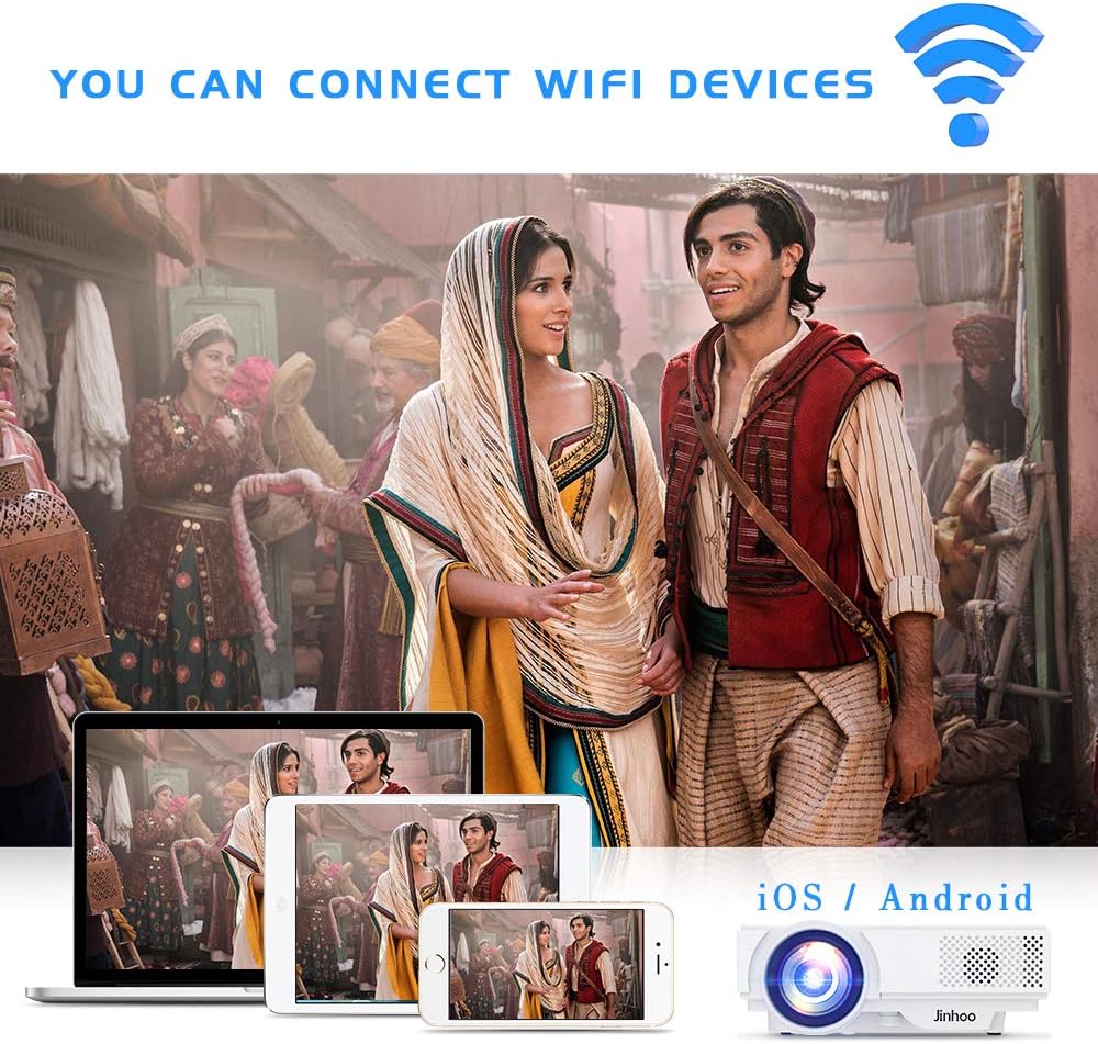 Jinhoo WiFi Projector, [100" Projector Screen Included] 6500L Outdoor Movie Projector, 1080P Supports Synchronize Smartphone Screen by WiFi/USB Cable for Home Entertainment: Electronics