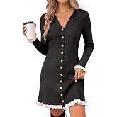 Wenrine Womens V Neck Sweater Dress Long Sleeve Mini Knit Dresses | Fall Sweater Dress, Ruffle Hem, Polo Collar, Trend Casual, Ribbed Knit, Slim Fit, Daily Wear
