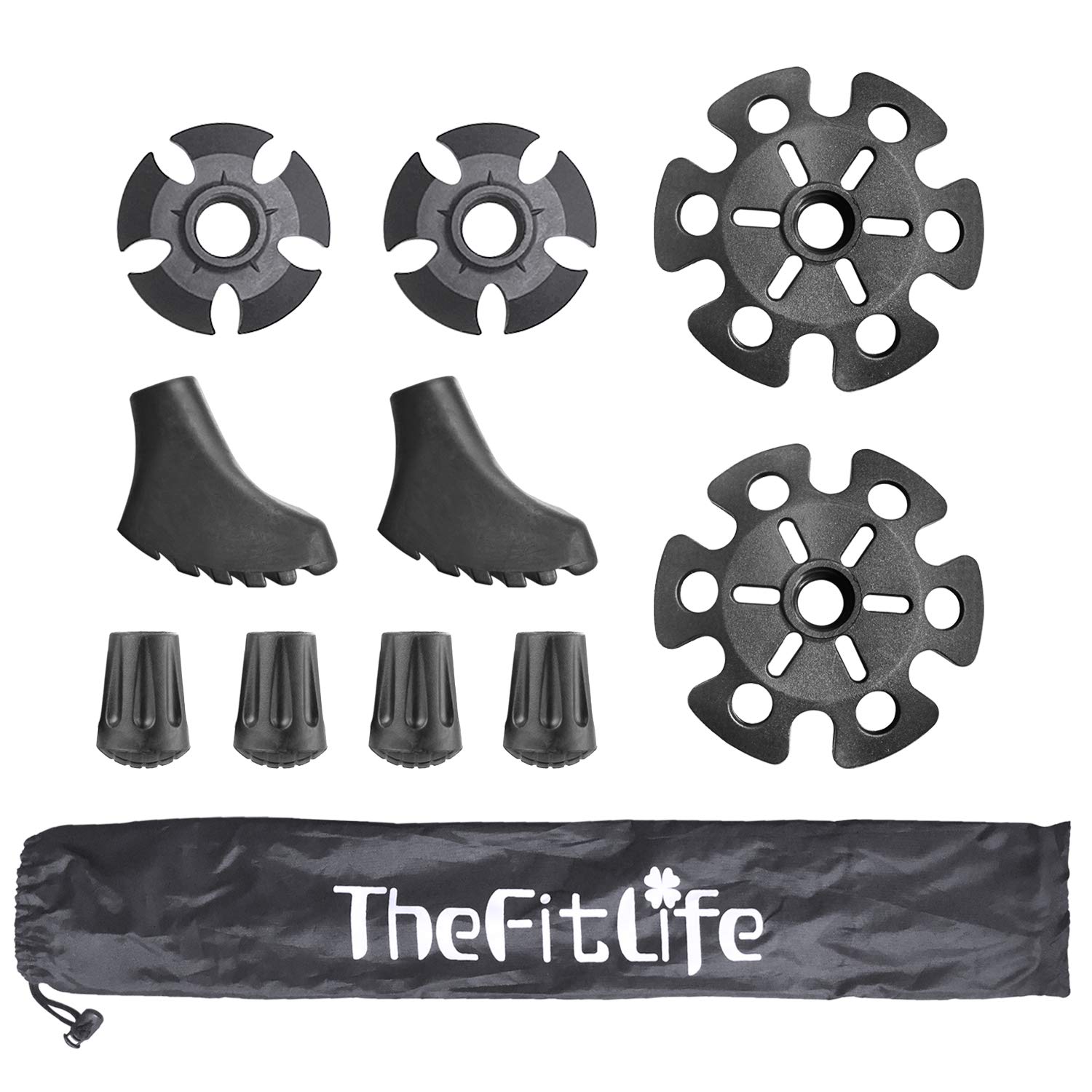 TheFitLife Rubber Tip Protector & Snow And Mud Baskets For Trekking Poles - Durable Rubber Accessories & Replacements - Full Set of Tips (Black)