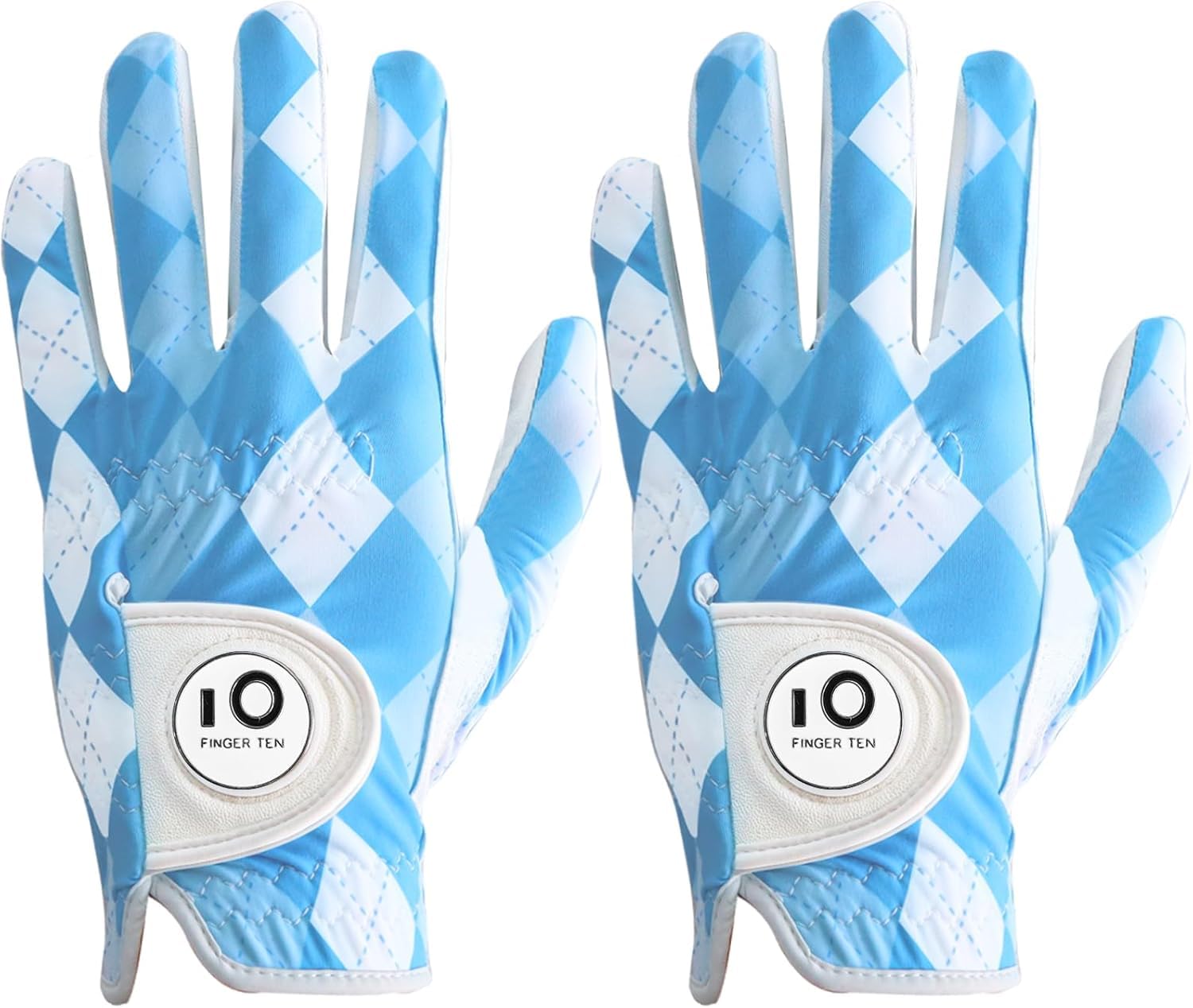 FINGER TEN Golf Gloves Men Left Hand Leather With Ball Marker Printed Grip Value 2 Pack, Mens Golf Glove All Weather Durable Weathersof (Large, Worn on Left Hand- Lattice)