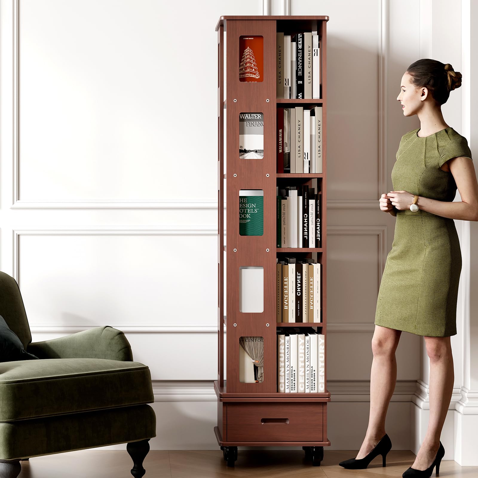 Photo 1 of JIAWORLDER Solid Wood Rotating Bookshelf Tower, 5-Tier Square Spinning Bookcase with Drawer, 70" Floor Standing Revolving Bookshelf on Wheels, Corner Bookcase for Small Space, Walnut