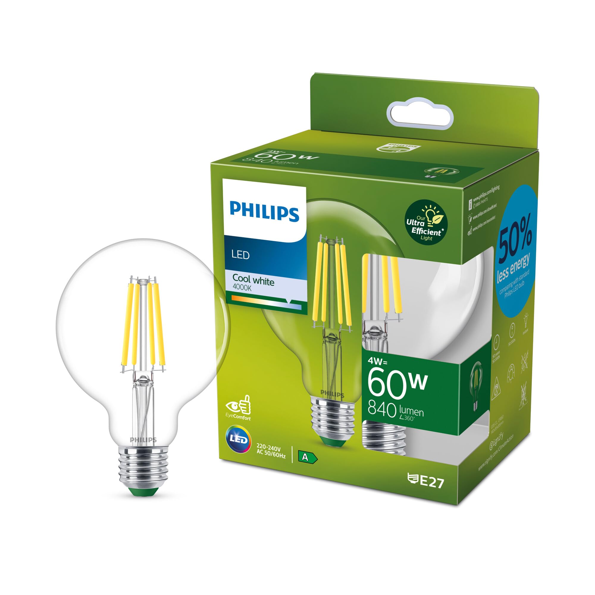 Philips Classic ultra-efficient LED bulb with energy efficiency class A, E27 base, replaces 60W, clear, cool white light, globe shape