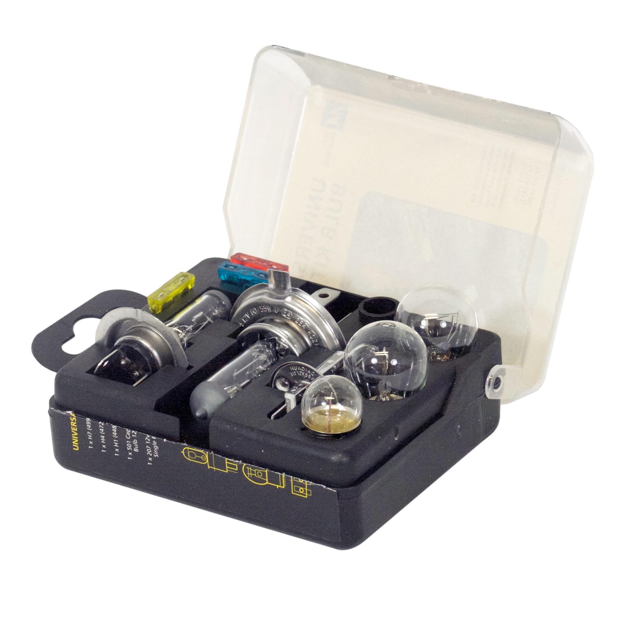 AA Compact Universal Car Bulb/Fuse Kit AA0552 - Includes Popular Halogen Bulbs H1 (448) H4 (472) H7 (499) - Suitable for Most Vehicles, Black/silver