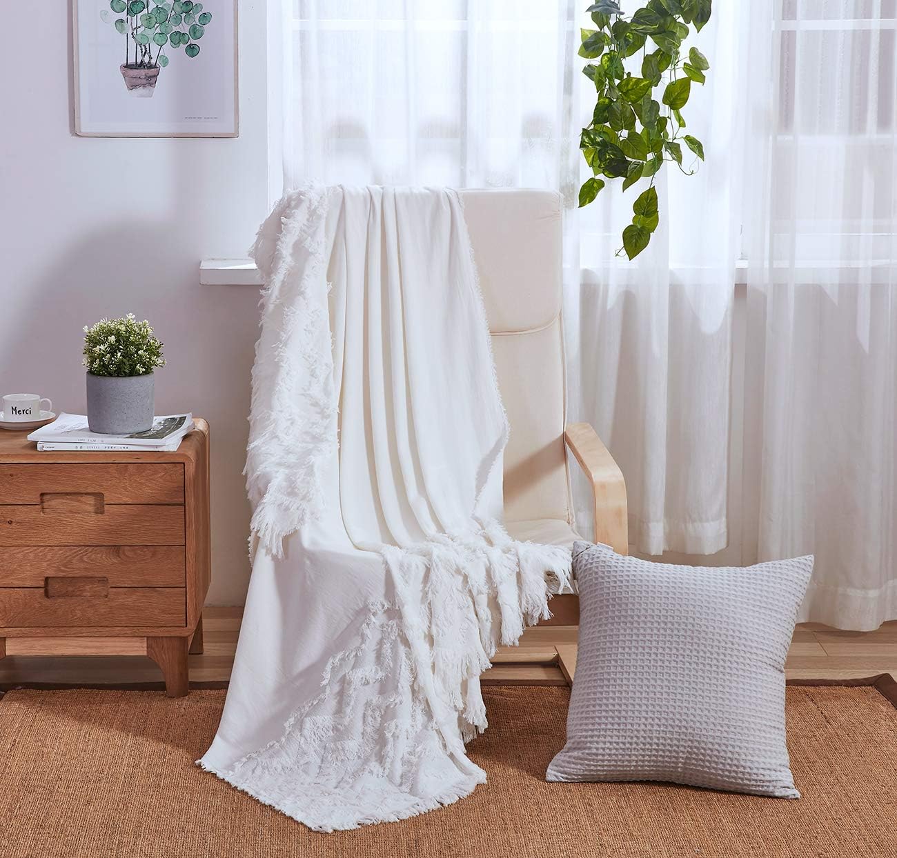 PHF 100% Cotton Textured Throw Blanket Solid for Sofa Couch, 50" x 60", Clipped Jacquard for Home Decoration, White: Kitchen & Dining