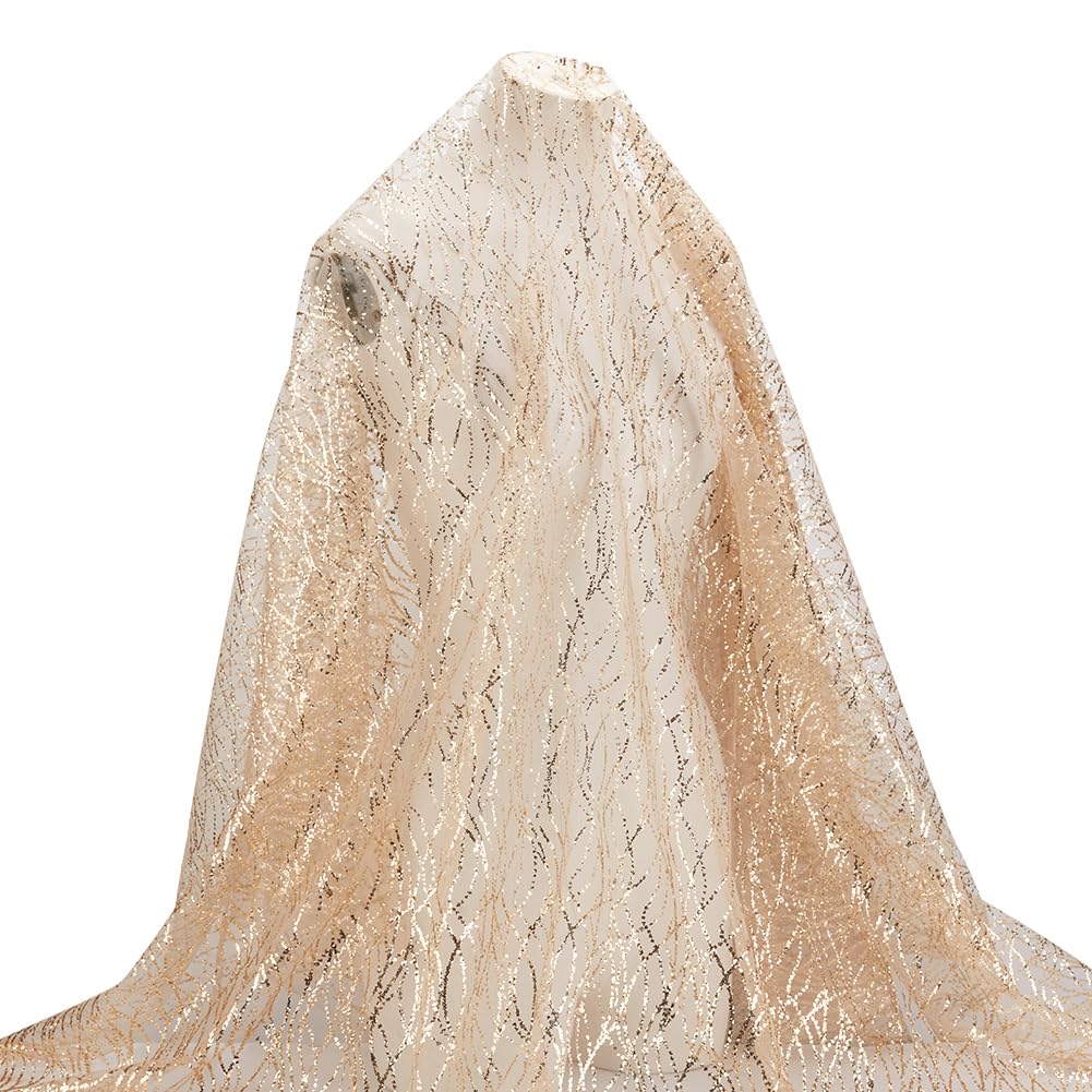 MAYJOYDIY 2m Gold Wavy Sequin Tulle Fabric - 150cm Width Glitter Embroidered Mesh Gilded Lace for Wedding, Prom, Party Decoration