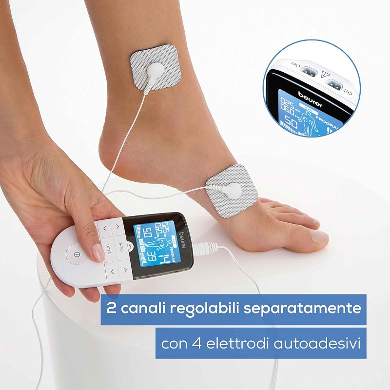 EM 49 Digital TENS/EMS, elettrostimolatore 3 in 1 per alleviare il dolore tramite elettrostimolazione nervosa, allenamento EMS, funzione massaggio, 2 canali, 6 programmi, 4 elettrodi