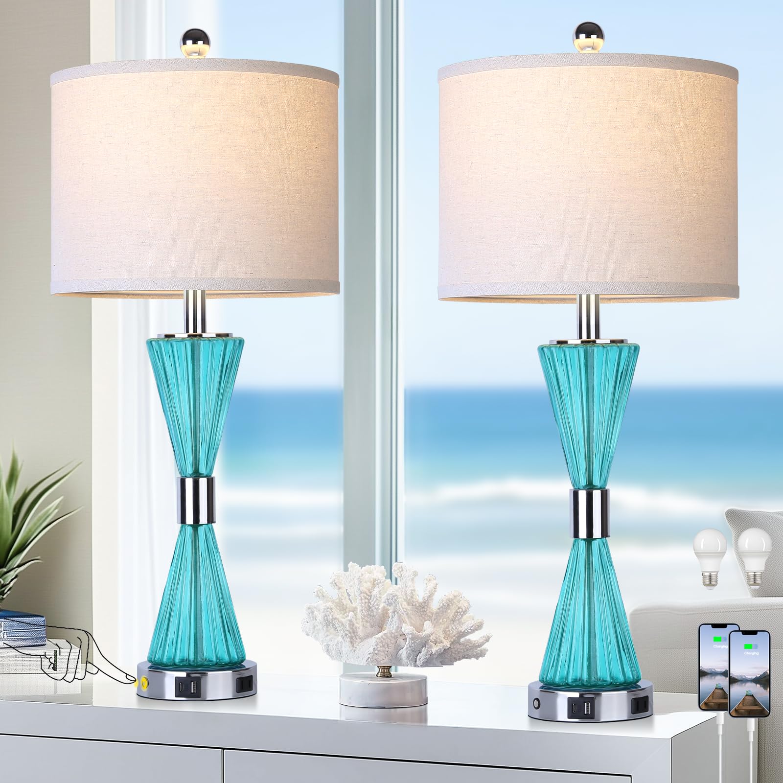 Photo 1 of MOUVOVO 28" Glass Coastal Table Lamp Set of 2 with USB C+A Ports and AC Outlet, 3 Way Touch Teal Blue Bedside Lamps for Night Stands, Nautical Nightstand Lamps for Bedroom Living Room