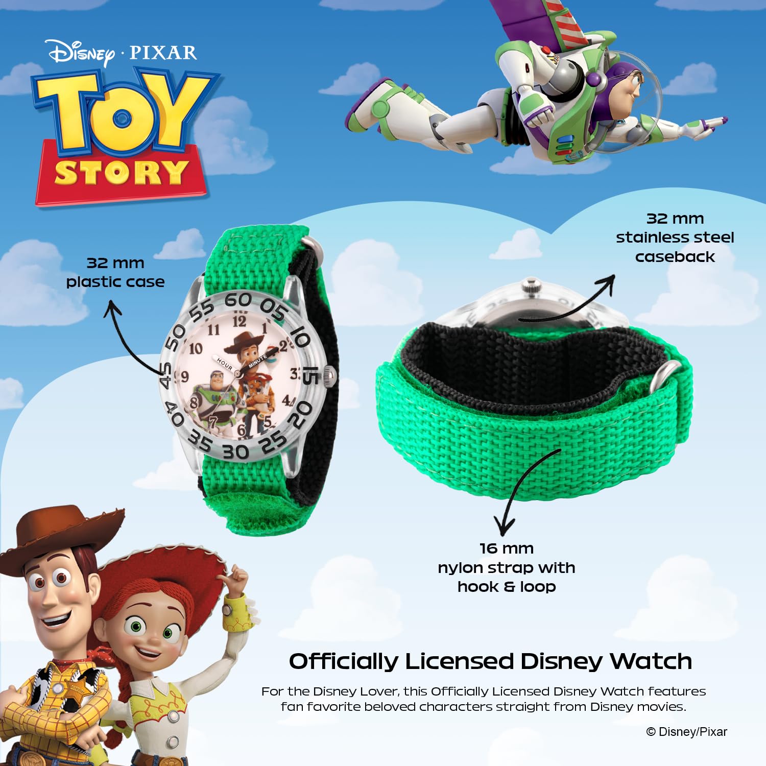 Disney Pixar Toy Story Watch for Boys Ages 3–7 – Featuring Woody and Friends Dial – Great Gift for Kids Who Love Toy Story Toys – Silver Case, Clear Bezel, and Green Fabric Strap with Velcro
