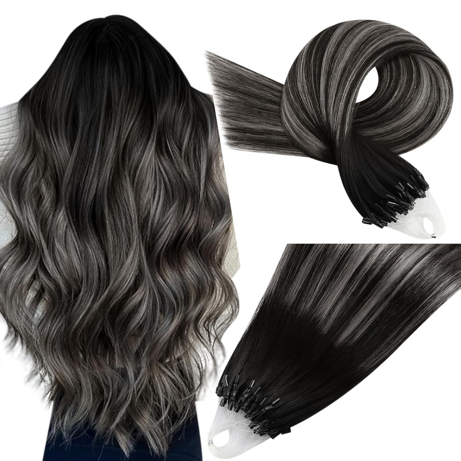 Easyouth Ombre Micro Ring Hair Extensions Real Human Hair Balayage Micro Beads Hair Extensions Real Hair Dip Dye Black to Silver Micro Link Human Hair Extensions 20 Inch 50g/50s — image 1