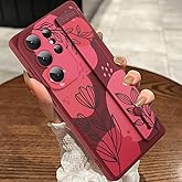 MOWIME Compatible with Samsung Galaxy S25 Ultra Case with Wrist Strap, Floral Flower Shockproof Soft TPU Protective Cover Women Girls, Slim Anti Scratch Case for Galaxy S25 Ultra 6.9 Inch, Wine Red