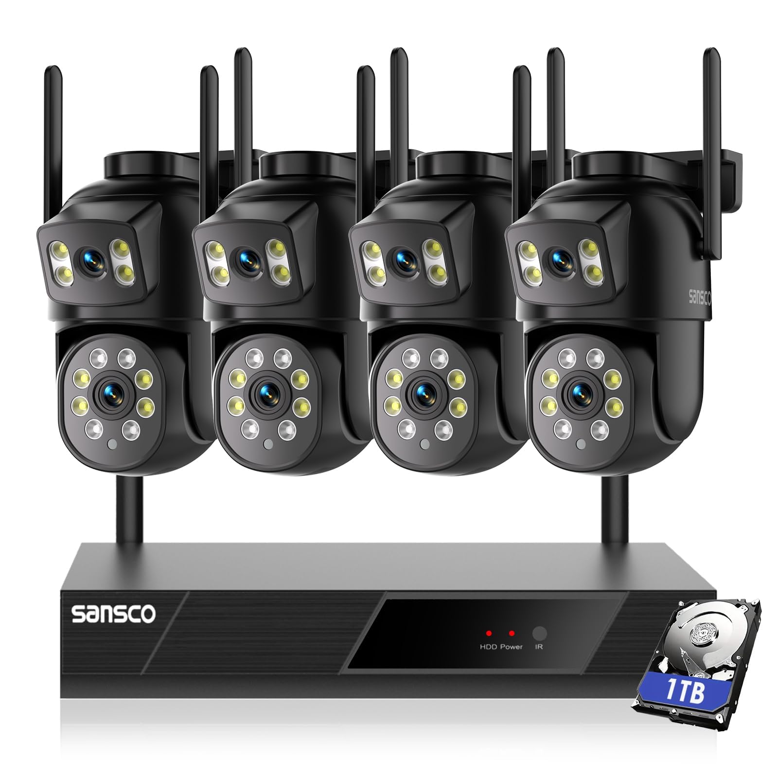 SANSCO 4MP Dual Lens CCTV Security Camera System with 1TB HDD, 16CH NVR, 4x 360° View PTZ WiFi Camera Outdoor, Auto Tracking, Color Night Vision,Human Detection, 2-Way Audio, 24/7 Recording