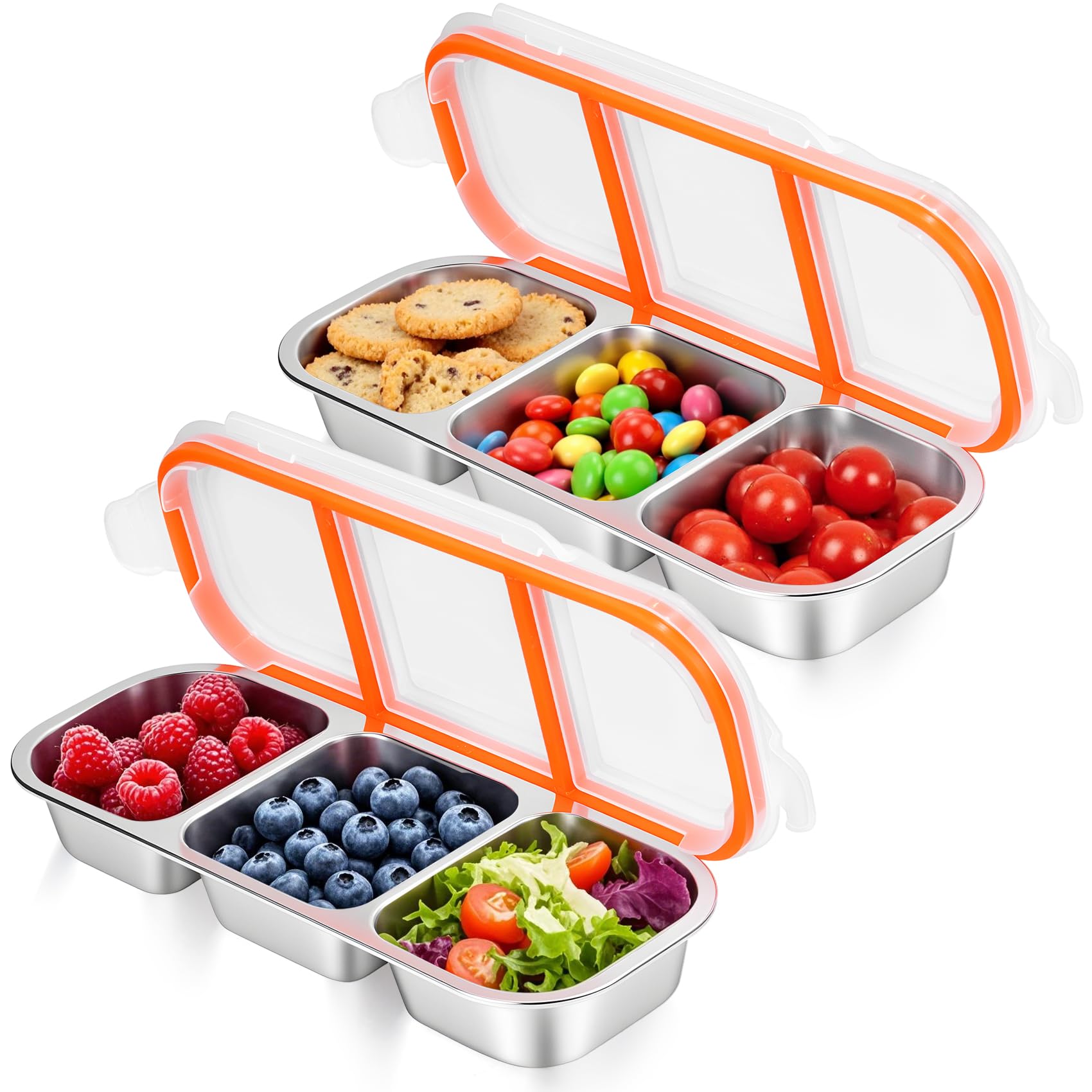 Photo 1 of 2 Pack Stainless Steel Snack Containers - Reusable 3 Compartment Snackle Box Container with Lids for Kids Adults, Divided Snack Food Storage Containers for School, Home, Travel