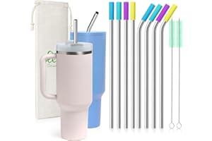 TEIVIO 8 Piece 5/16 inch (8mm) Wide Stainless Steel Straws for 40 oz Tumbler with Handle, 12 Inch Long Reusable Metal Drinking Straws, Replacement Straws with Silicone Tips & Cleaning Brush, Silver