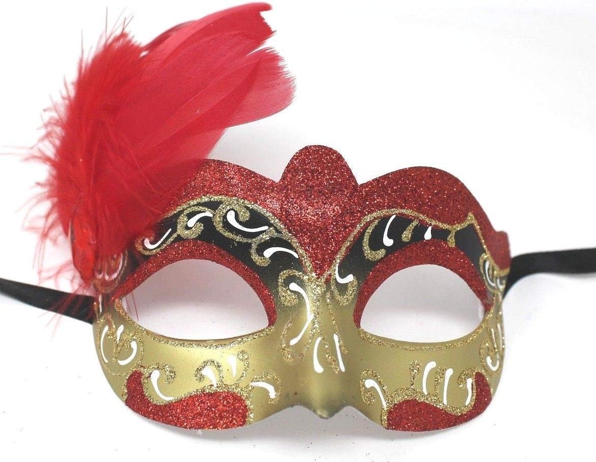 LADIES RED WHITE & GOLD VENETIAN MASQUERADE HALLOWEEN CARNIVAL PARTY EYE BALL FEATHER MASK, Red White Gold, 7.5cm Deep - Image 4