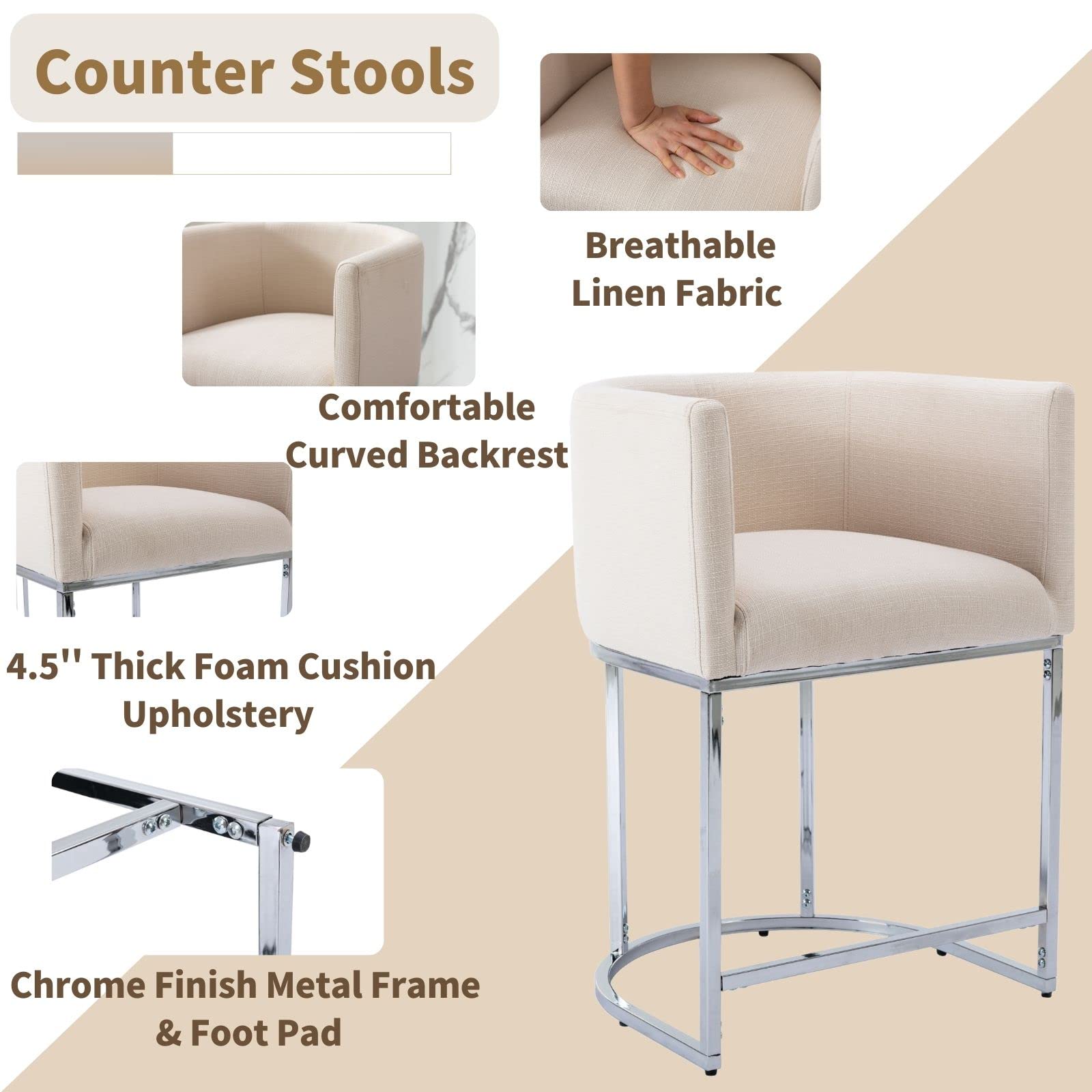 Modern Counter Height Linen Fabric Upholstered Counter Stools Set of 3