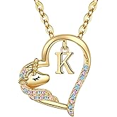 Anoup Valentines Gifts for Kids Girls - Unicorn Initial Necklaces for Girls Necklace Colorful CZ Heart Pendant A-Z Unicorn Initial Necklaces Cute Unicorns Jewelry Birthday Gifts for Girl Teen Girl