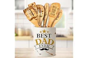 Taesun Dad Gifts, Fathers Day Dad Gifts from Daughter/Son Ceramic Utensil Holder with Wooden Spoons Set, Dad Gift for Man Cooking Tools Kitchen Utensils Set with Wooden Spatulas for 6