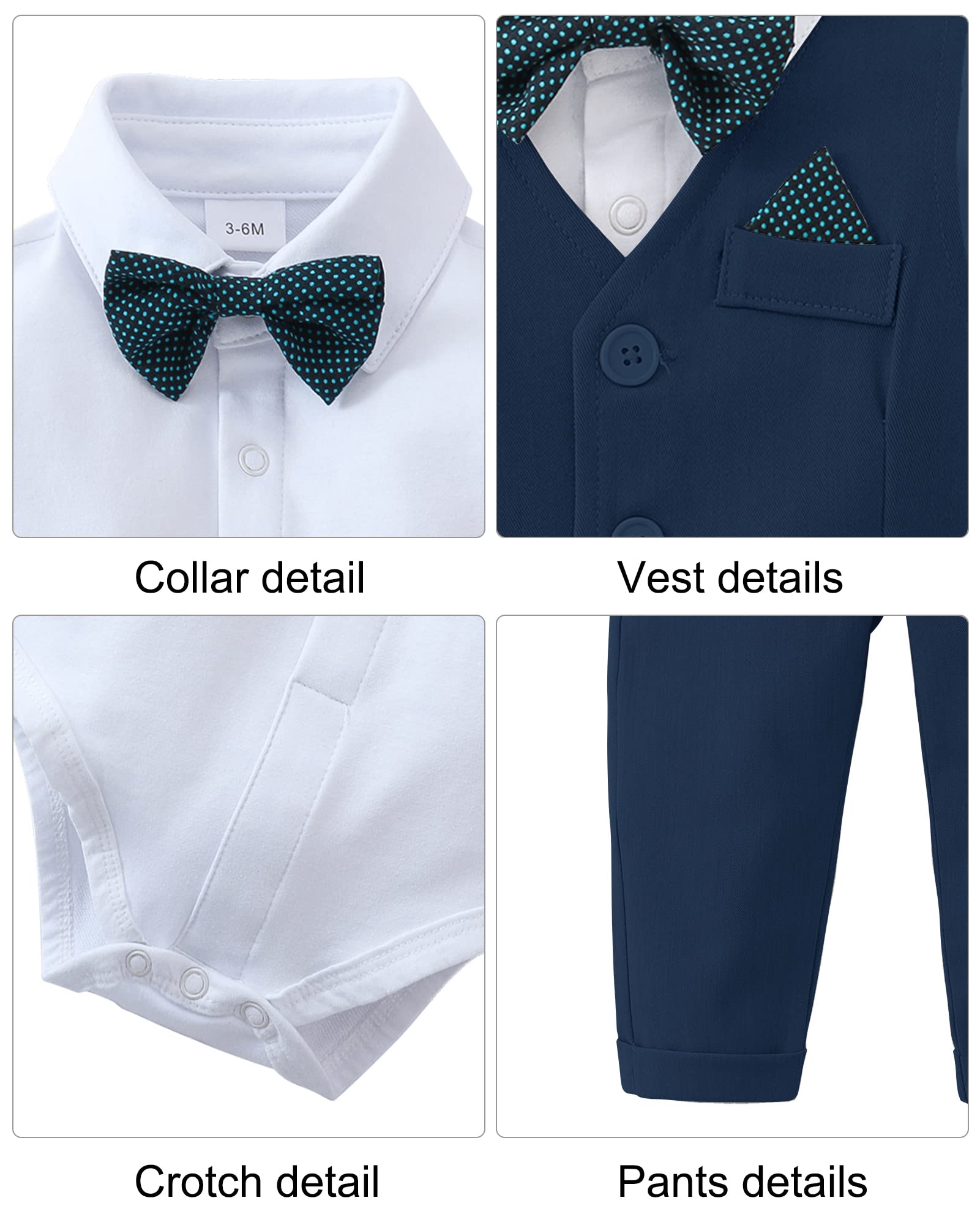 DISAUR Baby Boy Clothes Toddler Boy Outfits 4PCS Gentleman Dress Romper/Vest/Pants/Bow Tie Cotton Suit Sets
