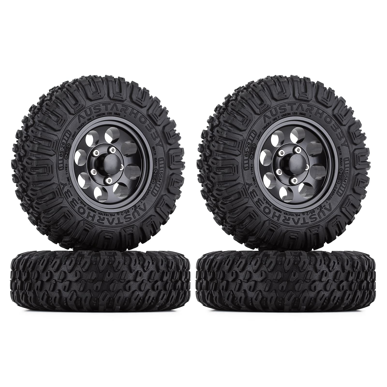 KEEDA 85mm RC Rubber Tires and Metal Alloy 1.55 inch Beadlock Wheels Rims for 1/10 RC Crawler Car D90 Pajero TF2 Tamiya CC01 CC02 LC70 LC80 Upgrade Parts (Black)
