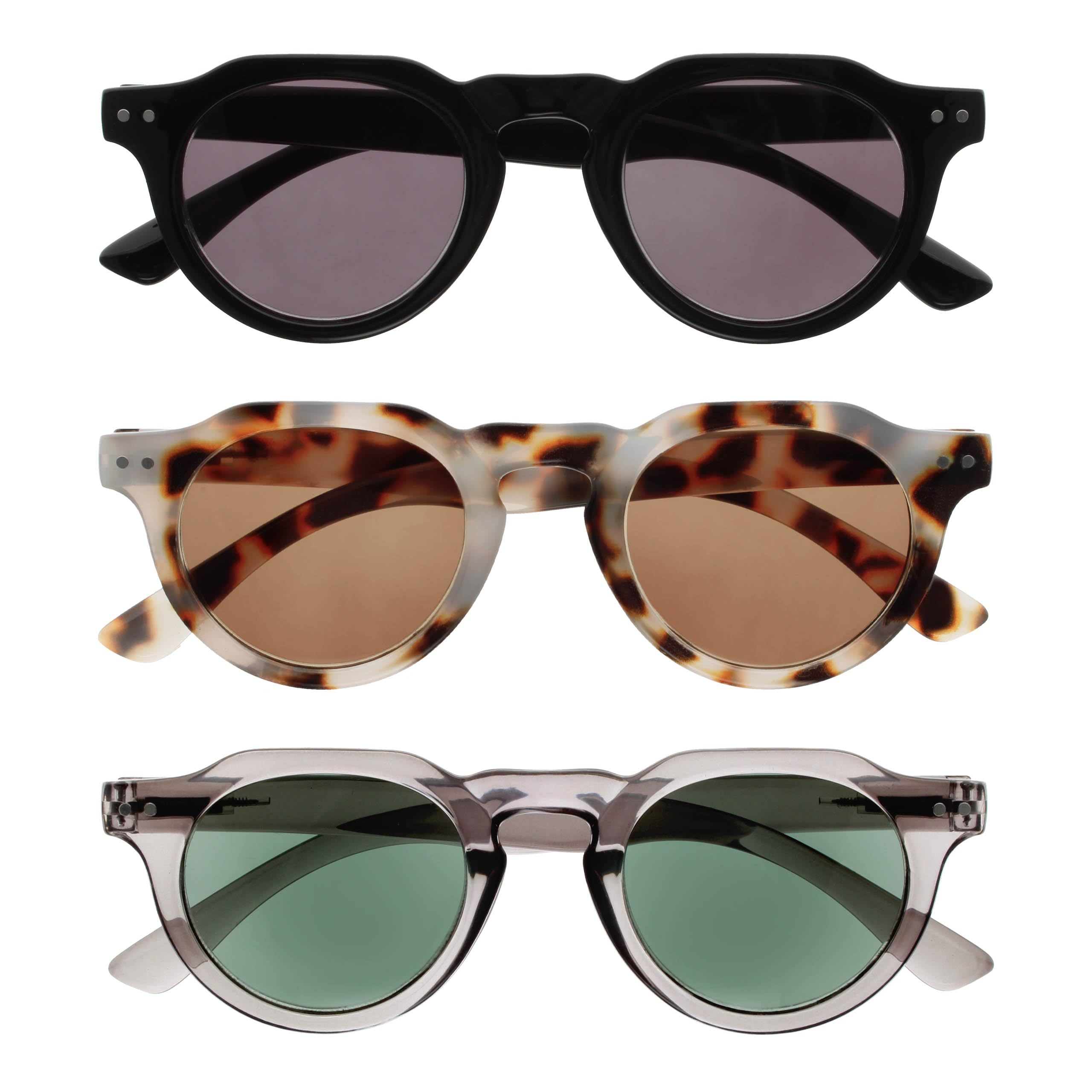 OPULIZE RIO - Reading Sunglasses - 3-Pack - Flat Top Frame - UV400 Protection - Black, Brown Tortoiseshell, Grey - Mens Womens - SSS53-127- +1.50