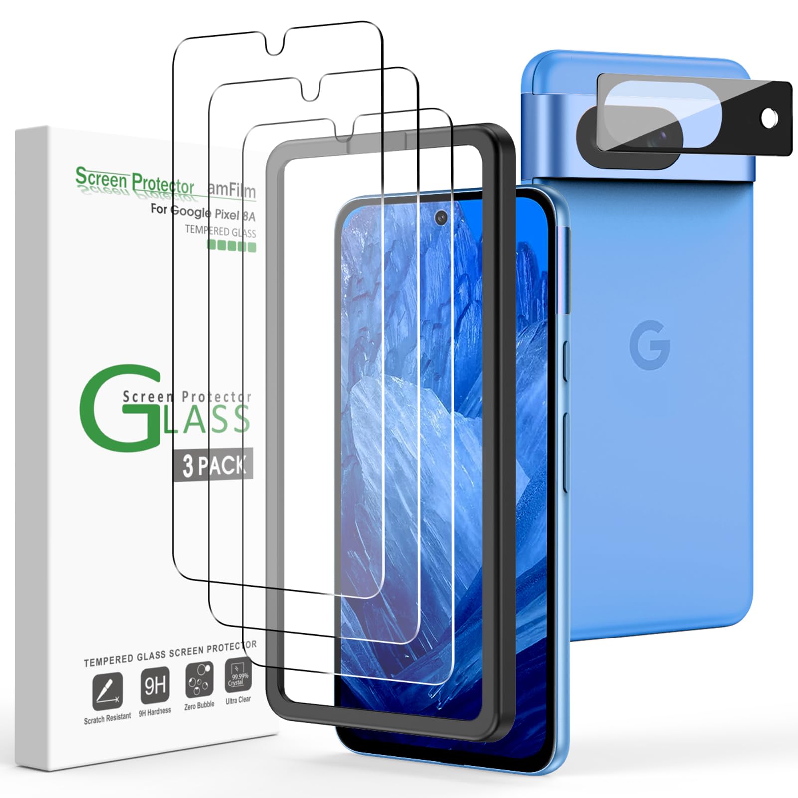 Photo 1 of amFilm 3+1 Pack for Google Pixel 8A Screen Protector Tempered Glass, Ultrasonic Fingerprint Compatible, with Easy Installation Frame, Anti Scratch, Bubble Free, Case Friendly
