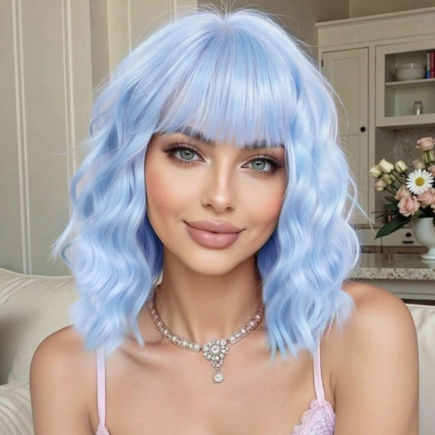 Colorfulpanda Light Blue Short Bob Wigs for Women Wavy Wigs with Fringe Natural Heat Resistant Synthetic Hair for Daily Use and Cosplay 14inch — image 1