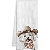 WOTYPU Cowboy Bichon Frise Kitchen Towels, Bichon Frise Gifts for Women Men Dish Tea Towel for Kitchen Decor, Funny Western Dog Hand Towels for Bathroom Decor, Dog Lover Mom Gifts, 16X24 Inch