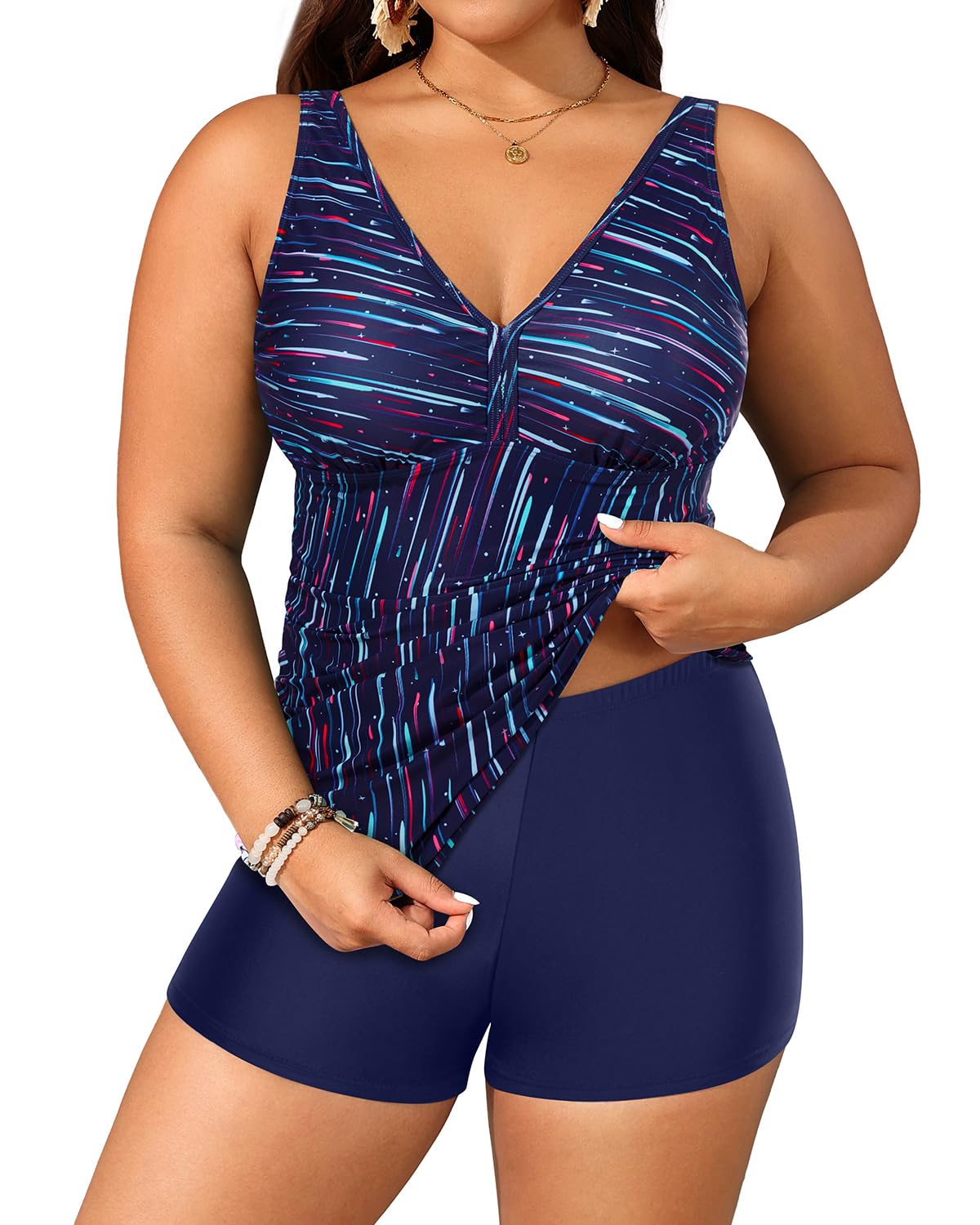 Photo 1 of Yonique Womens Plus Size Swimsuits with Shorts Tummy Control Tankini Two Piece Bathing Suits Athletic Swimwear Blue Colorful Galaxy 22Plus
