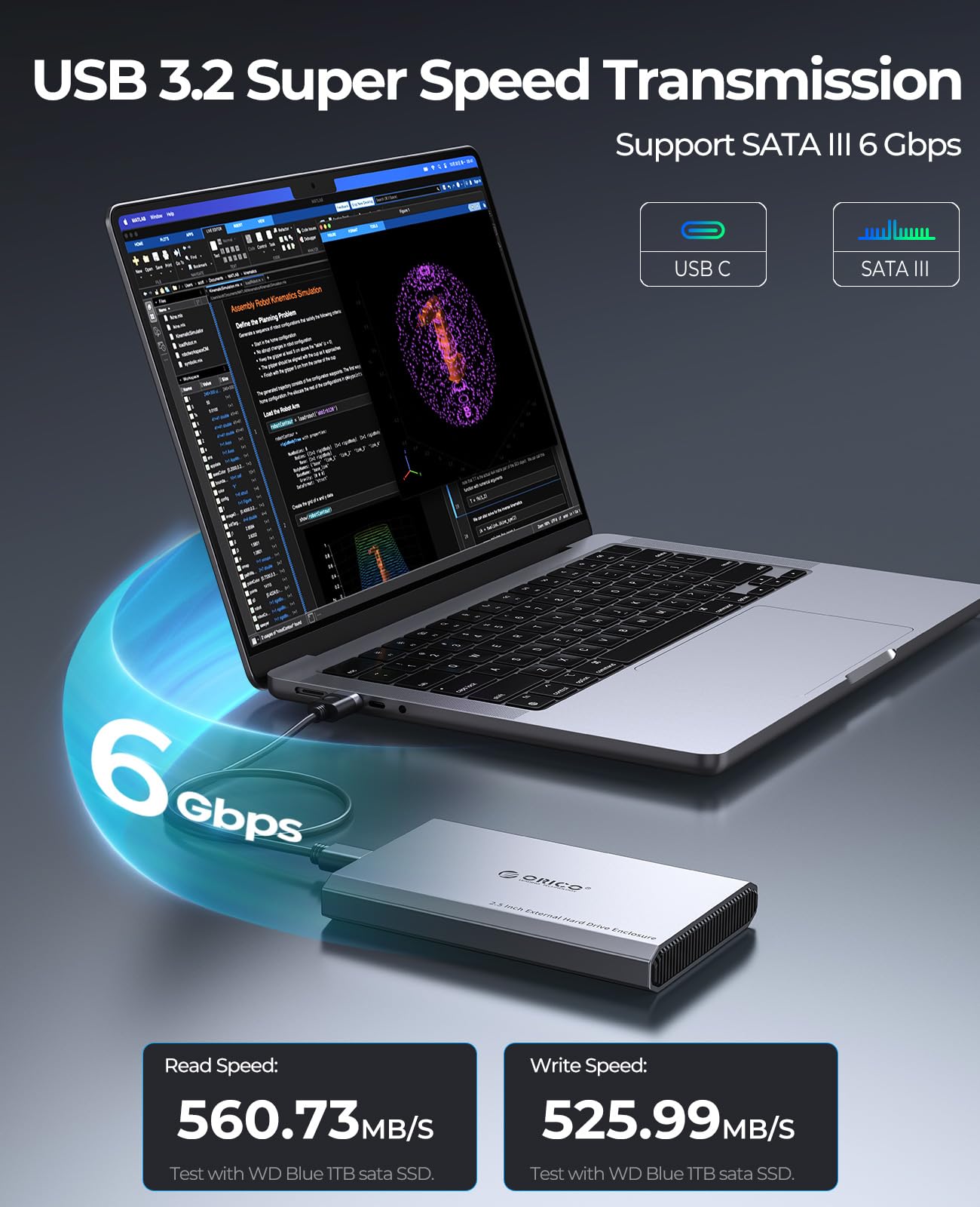 ORICO Aluminium Festplattengehäuse 2,5 Zoll USB-C 3.2 6Gbps Externes SSD Gehäuse für 2,5" SATA HDD SSD Maximal 6TB mit USB C/A 2-in-1 Kabel, Unterstützt UASP (DD25C3) 2