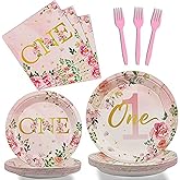 96PCS 1st Birthday Party Supplies Tableware Kit for 24 Guests pink Birthday Party Decorations Theme Party Table Supplies Pack Includes Plates ,Napkins, plastic forks