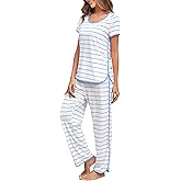 FKEEP Stripe Pajamas Set Women Two-Piece Nightwear Short Sleeve Sleepwear Soft Side Split Loungewear Pjs Sets
