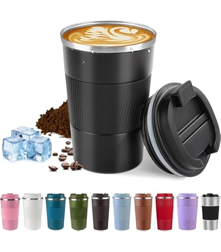 SUNTQ Taza De Café Reutilizable - Taza De Viaje De Acero Inoxidable Con Tapa A Prueba De Fugas - Aislamiento Al Vacío De Doble Pared - Tazas Ecológicas - Para Bebidas Frías