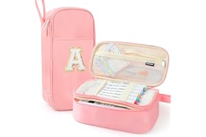 Nuozme Extra Large Pencil Case,Big Capacity Pencil Pouch,Personalized Initial Pencil Bag with smooth zipper,Multiple Pockets,Cute Aesthetic Stationery Pen Case Bag for Teen Girls College (Pink, A)