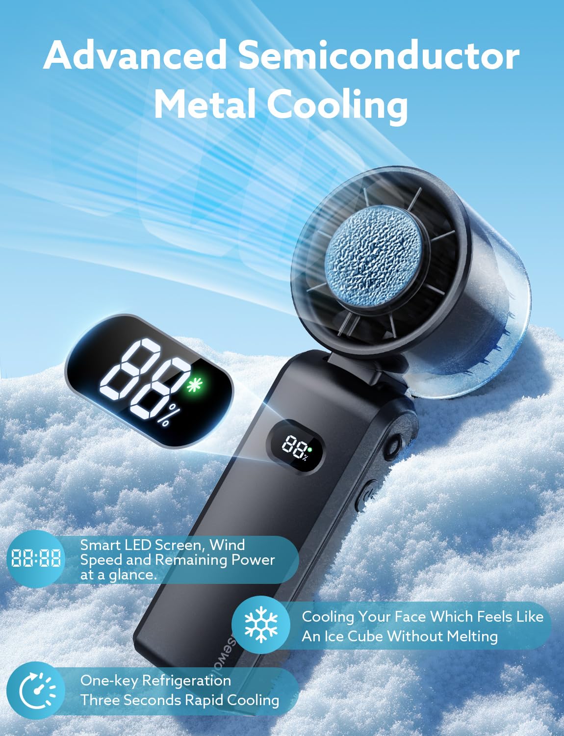 [2025 Upgraded] Handheld Portable Fan, Ice Cooling Fan, High Speed, Rechargeable, 5000mAh, 16H Max, LED Display, 100-Speed, 90° Foldable, 3-IN-1 Portable Hand/Desk/Neck Fan for Travel, Gift(Black)