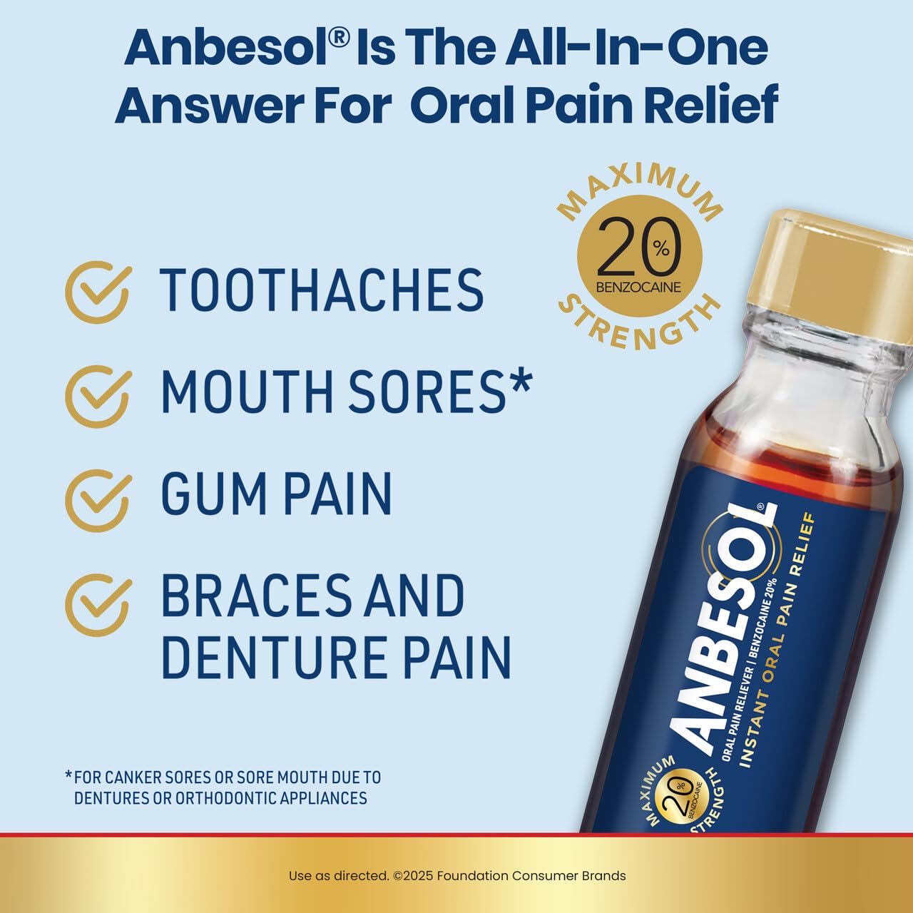 Anbesol Maximum Strength Liquid, Instant Oral Pain Relief for Toothaches, Mouth Sores*, Gum, Braces & Denture Pain, ADA Accepted, 0.41 oz